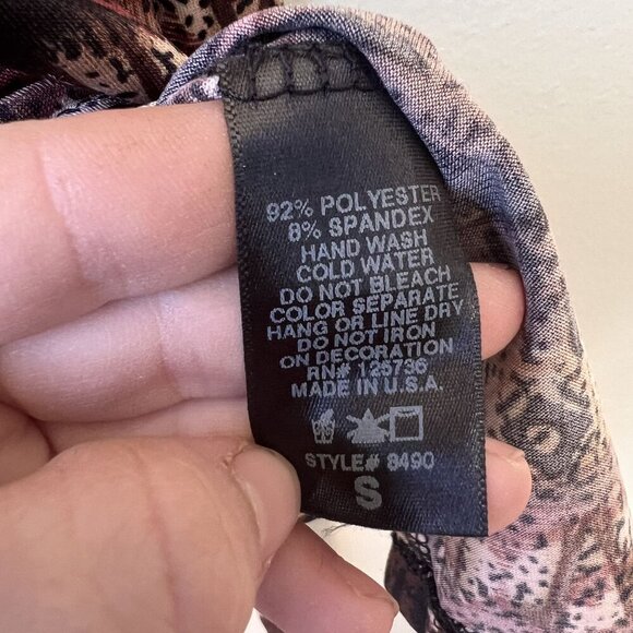 Multicolor Print Dress Short Sleeve V-Neck Waist Tie Polyester Spandex S - Picture 3 of 3